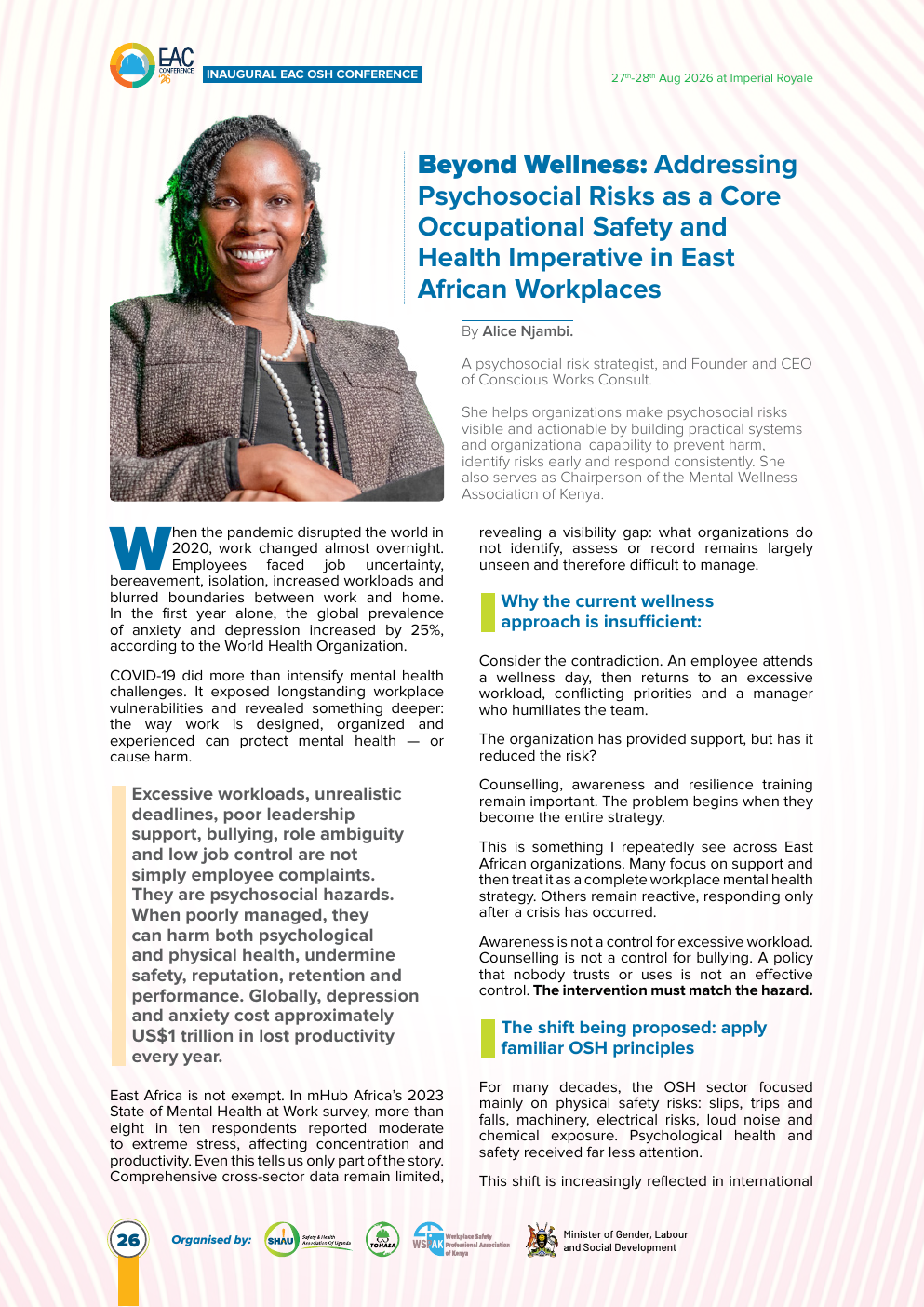 Alice Njambi's Beyond Wellness article in the Inaugural EAC OSH Conference magazine